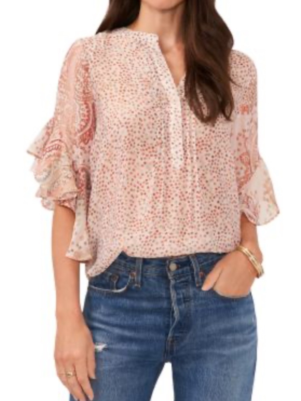 Vince Camuto Dusty Pink Floral Ruffle-Sleeve Blouse